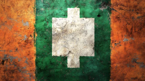 Weathered tricolor flag with bold central white emblem.