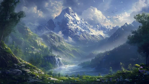 Sunlit mountain valley where mist, river and sky wander.