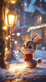 Snowy evening wonder with a bright-eyed baby reindeer.