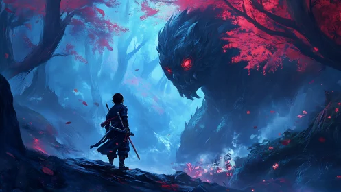 Swordsman confronts towering red-eyed beast in blue forest