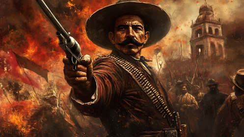 Revolutionary gunslinger confronts chaos in fiery battlefield.