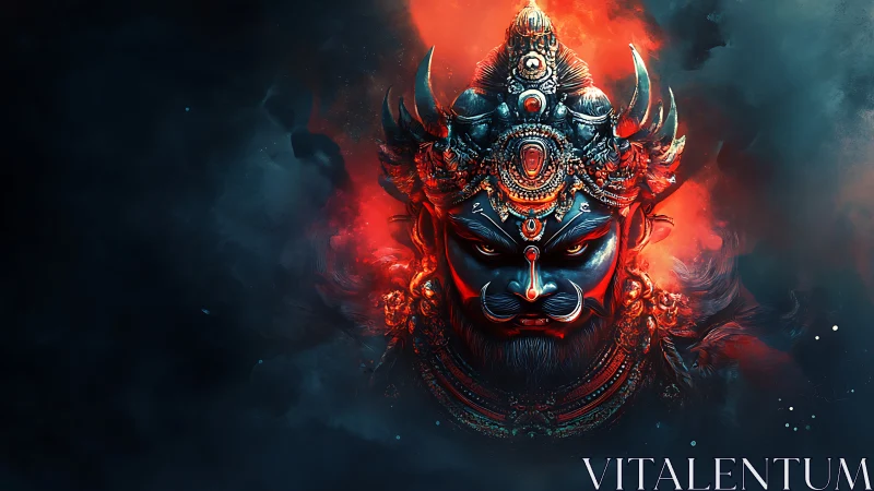 Fiery demon deity portrait in smoky cosmic void digital art.