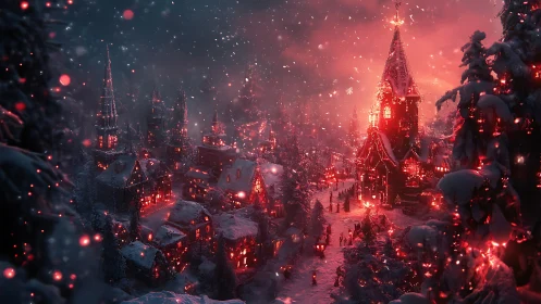Snow-covered festive village glows under cinematic red illumination