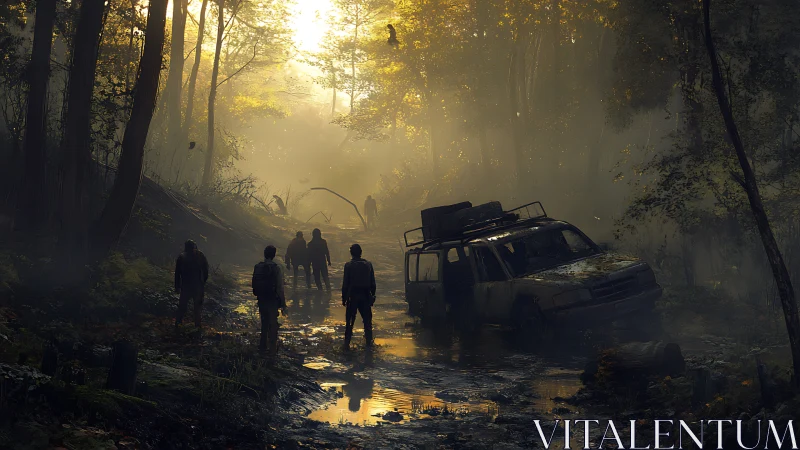 Survivors on flooded forest road with abandoned vehicle.