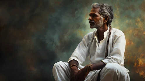 Seated elder in white kurta rendered with painterly chiaroscuro lighting