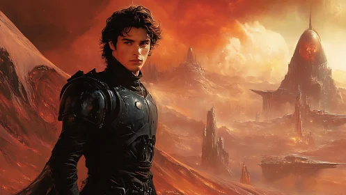 Armored wanderer on blazing alien dunes at dusk.