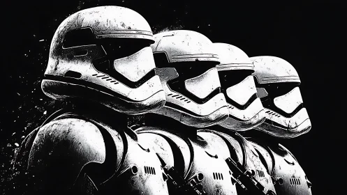 Helmets march in monochrome, echoing silent cosmic orders