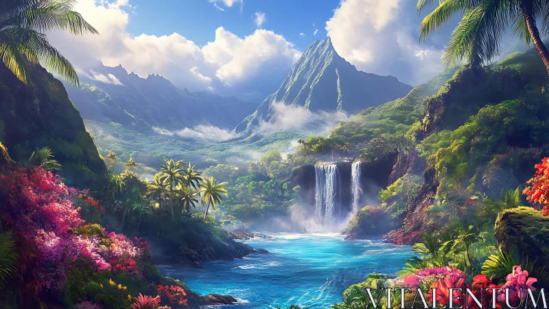 Tropical coastal valley with waterfall and distant mountains.