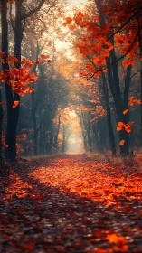 Autumn Forest Path Through Glowing Red Leaves.