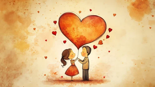 Couple Holding Giant Heart Balloon Among Floating Hearts.