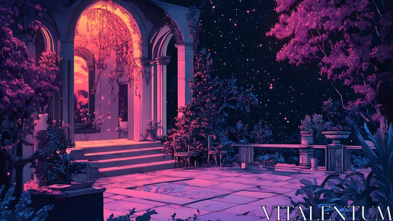 Starlit garden terrace glows softly with dreamy pink light