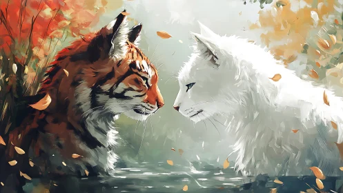 Digitally Rendered Felid Subjects in Autumnal Setting with Compositional Contrast