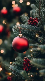 Shallow depth-of-field study of red bauble on evergreen branch