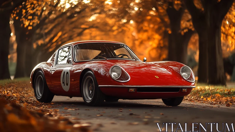 Red classic sports coupe on tree-lined autumn road.