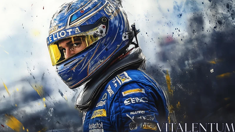 Racing driver portrait rendered in dynamic digital painting