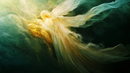 Luminous ethereal angel ascends through deep emerald mist