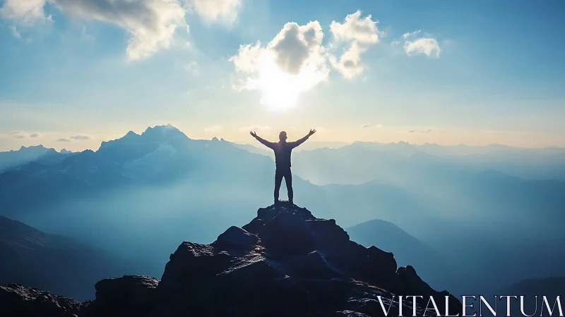 Silhouette on mountain summit embracing radiant sunrise sky.
