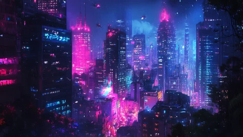 Neon-soaked cyberpunk skyline glows under nocturnal rainfall