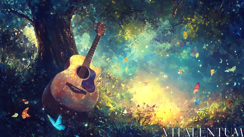 Guitar rests in glowing forest glade as butterflies drift by.
