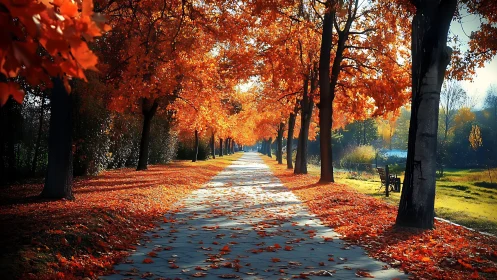 Inviting autumn pathway lined with glowing orange trees.