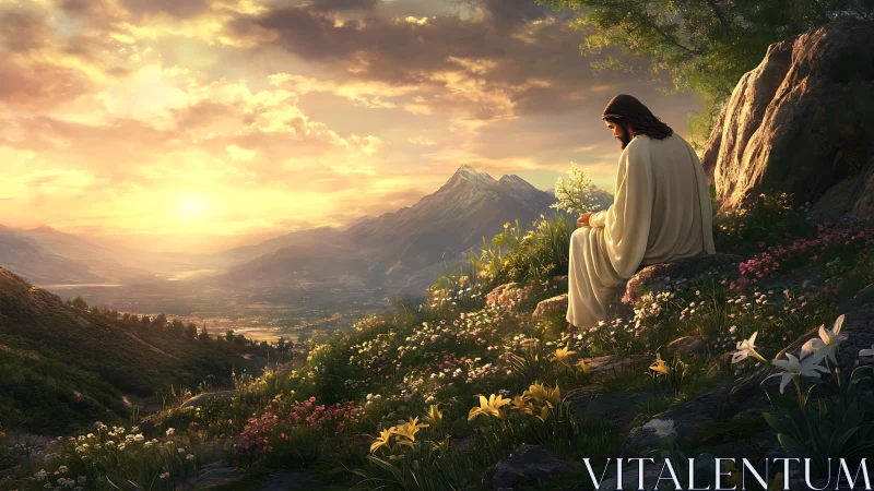 Gentle robed figure rests in quiet prayer above a glowing valley