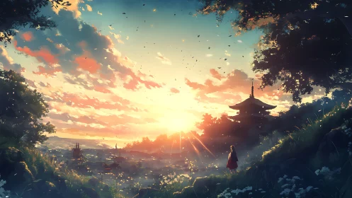 Sunset illuminates valley town and distant pagoda plainly