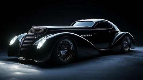 Streamlined black retro coupe glows under dramatic studio light.