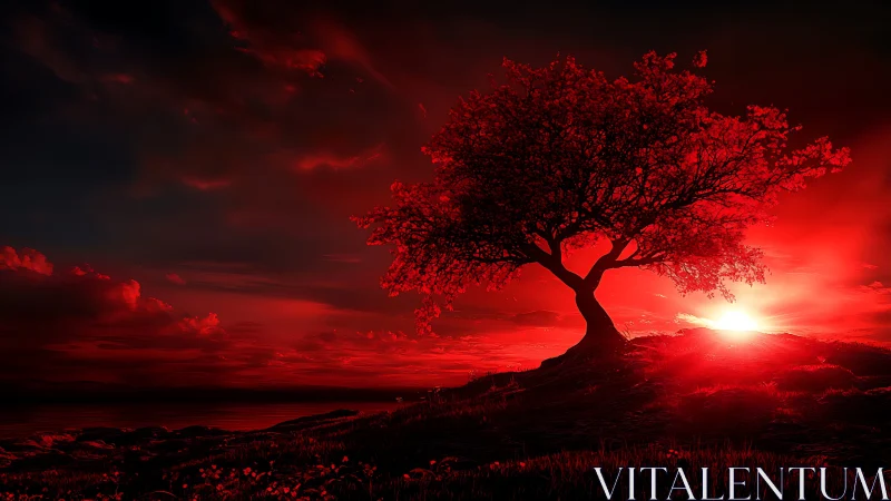 Fiery red sunset gently crowns a solitary hillside tree
