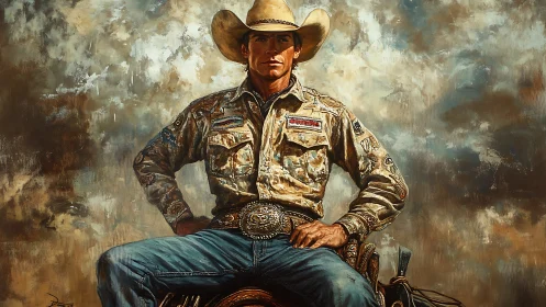 Weathered rodeo cowboy poised against stormy skies.