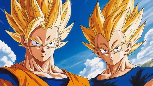 Supercharged anime warriors in golden-haired battle forms.