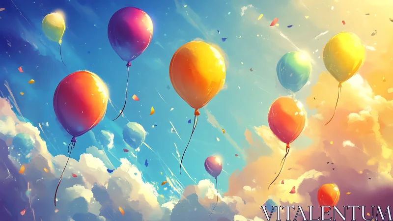 Colorful balloons drift across radiant painted sky.