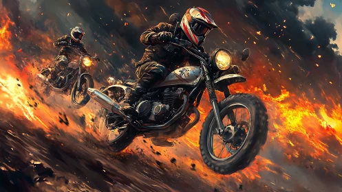 Flaming trails chase twin riders through a molten storm of fire