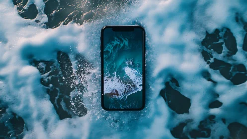 Tidal phone portal adrift in swirling teal sea foam dream.