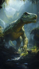 Predatory dinosaur standing alert in dense jungle scene.