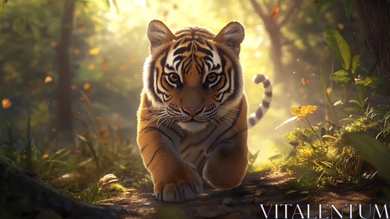 Curious tiger cub exploring a sunlit forest path playfully.