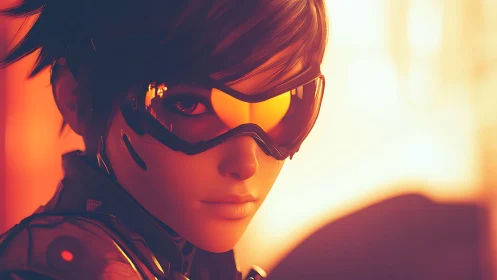 Sunlit cyber hero gazing toward a bright unknown horizon.