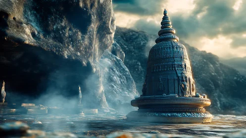 Ancient stone stupa crowns misted cavern plateau at dawn.