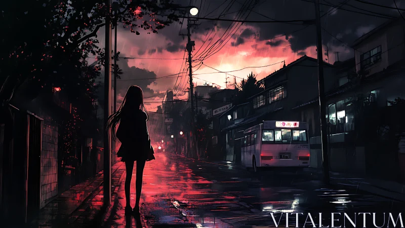 Girl stands on wet street watching bus at red dusk sky