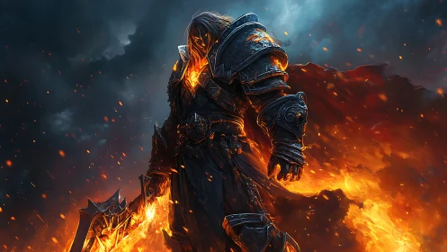 Armored fiery warlord stands in burning battlefield.