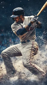 Baseball batter in mid swing with dramatic flying dirt effect.
