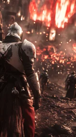 Armored warrior observes burning battlefield in ruinous siege.