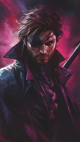 Storm-lit rogue with an eyepatch in neon shadowed coat.