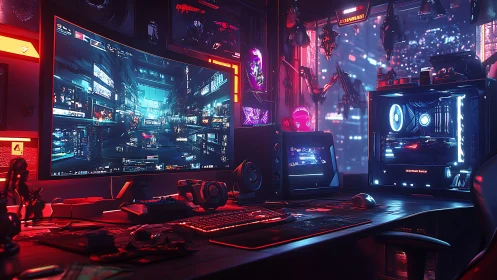 Cyberpunk gaming battlestation with neon-lit dual rigs.
