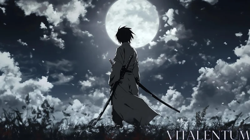 Lone swordsman studies full moon over windblown field