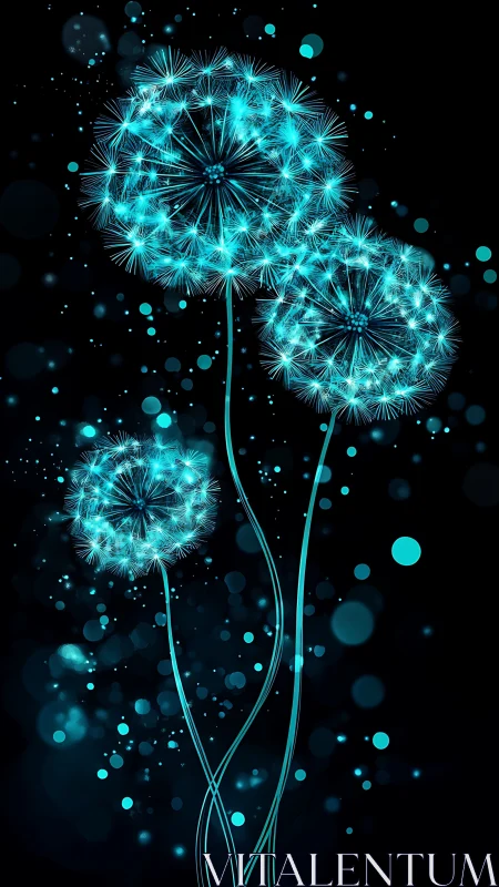 Glowing Dandelion Flowers Against Dark Background.