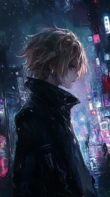 Cyberpunk portrait in neon-soaked alley, side-profile rendering.