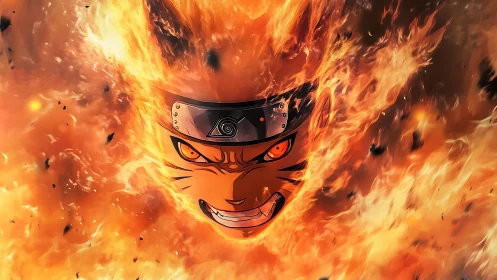 Fiery anime face emerges aggressively from swirling flames