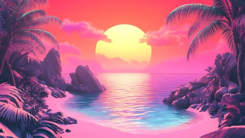 Neon-gradient tropical cove under oversized stylized sunset disk