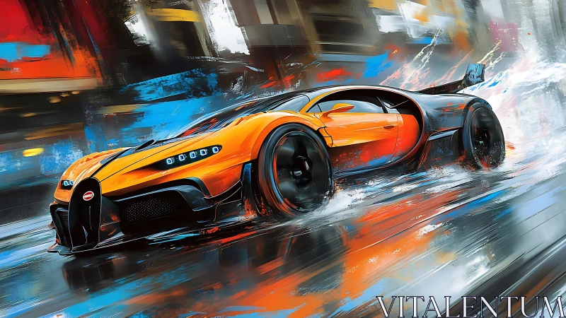 Hybrid-rendered hypercar drifting through neon wet urban corridor