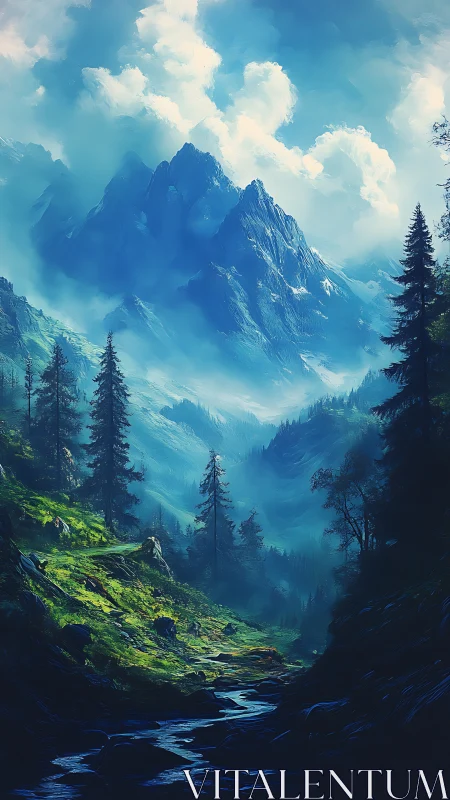 Mystic alpine valley unfolds beneath towering blue peaks.